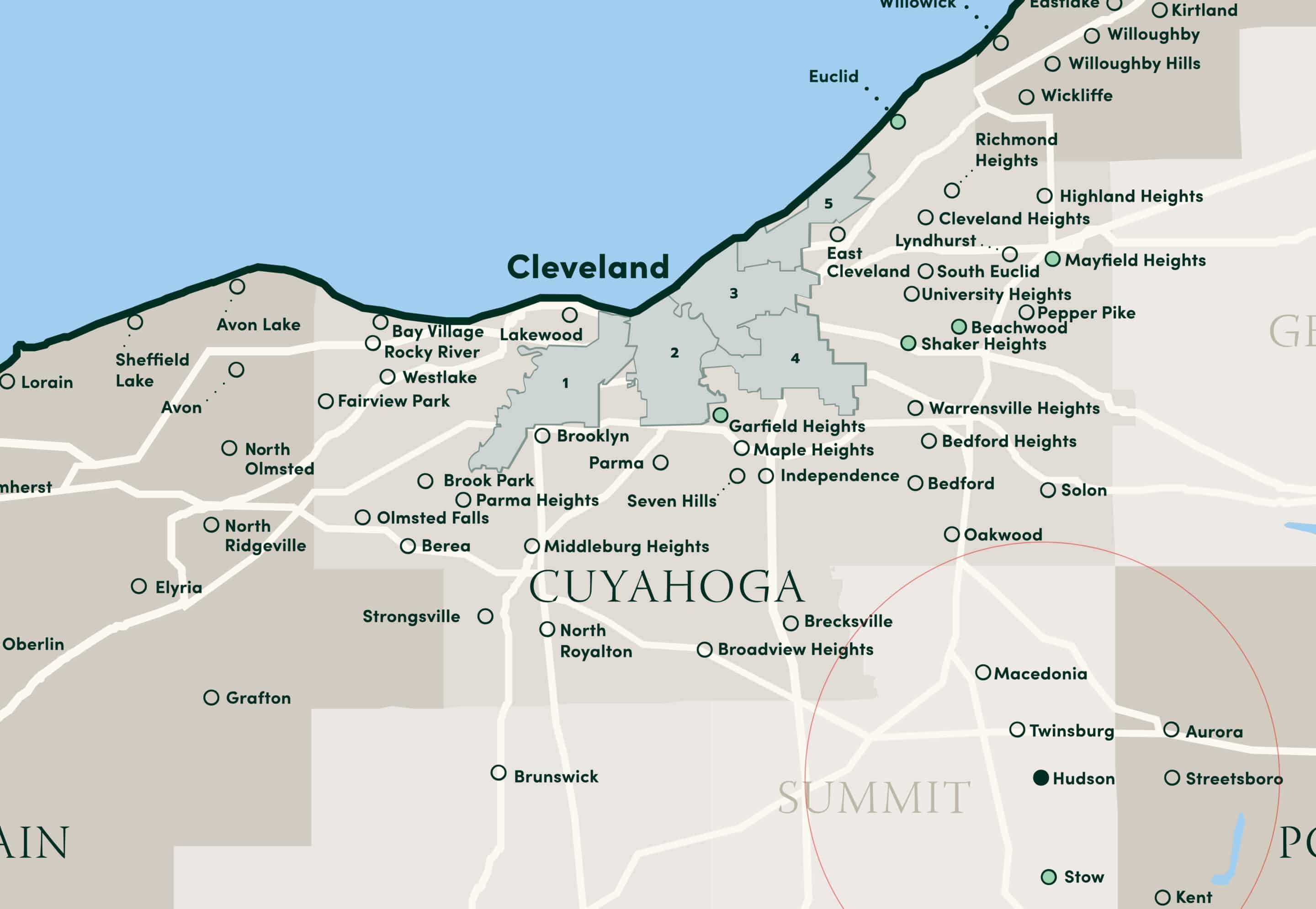 Map of Northeast Ohio with cities, counties, and Lake Erie. Highlights areas needing churches.